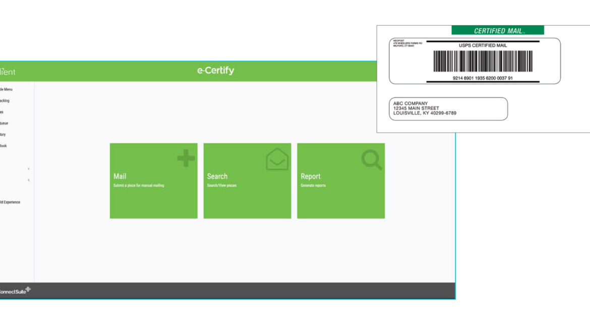 e-Certify dashboard with barcode shipping label